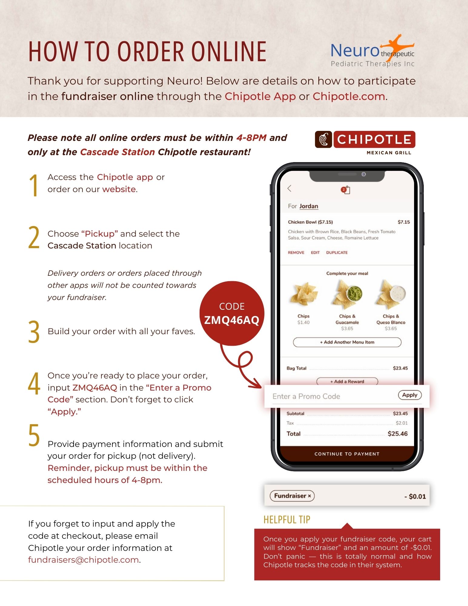 Instructions on how to order Chipotle online to contribute to the fundraiser.