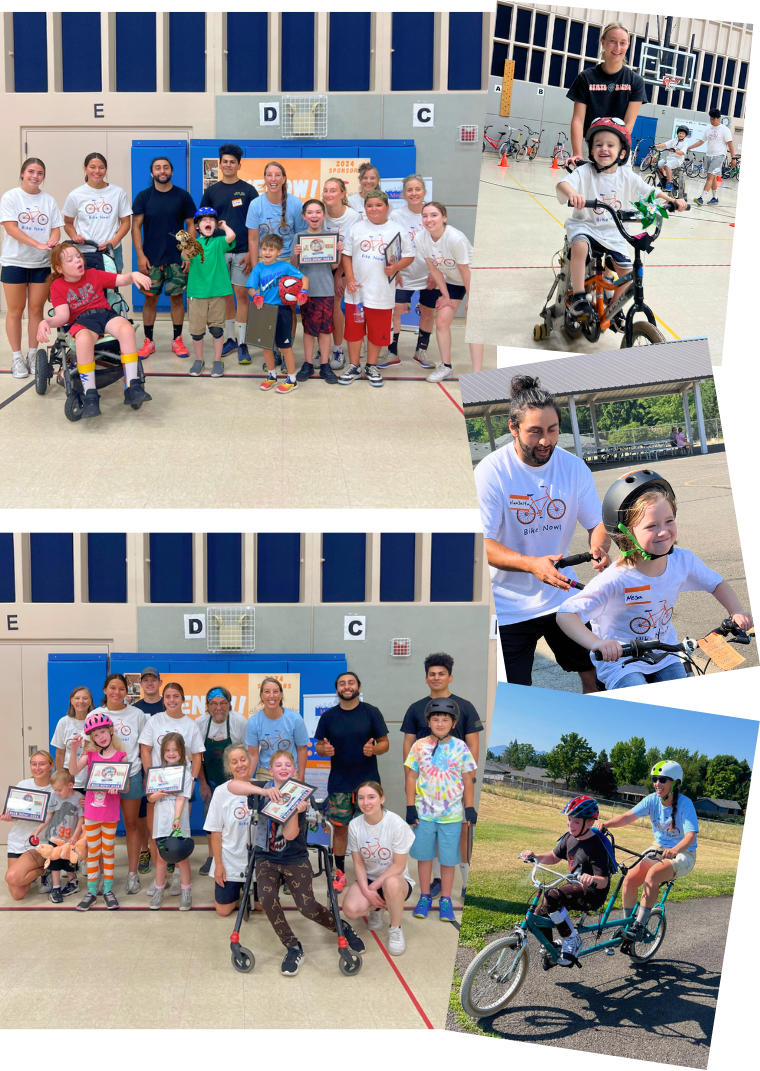 A collage of photos from our Medford Children’s Therapy BikeNow! Camp with various photos of participating riders wearing helmets, riding adaptive bicycles in the gym or outside near a park, and holding their BikeNow! Certificates surrounded by our volunteers.